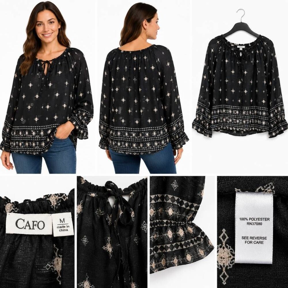 Cato Black Boho Border Print Peasant Top Medium